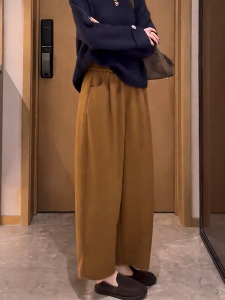 Fashion High Waist Pumpkin Color Elastic Waist Casual Pants Womens Loose Hip Covering Straight Leg Pants Versatile Long Trousers