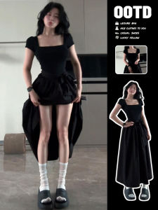 SUSIEYUAN | French Black Bowknot Square Collar Womens Summer Dress Slimming Long A-Line Skirt Sweet Style High Waist Gauze Fiber Dress