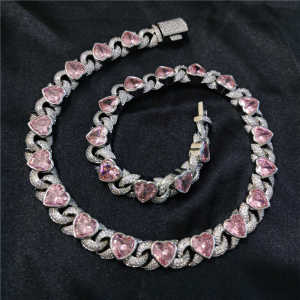 Hip Hop Fashion Full Diamond Pink Heart Clavicle Necklace Cool Cuban Bracelet Womens Alloy Pendant Jewelry Fresh out