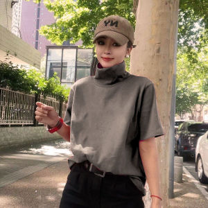 European Goods 2024 New Arrival Turtleneck Half-Length Sleeve Retro Fashion Pure Color Tops Idle Style Loose Slim Looking Younger T-shirt Women