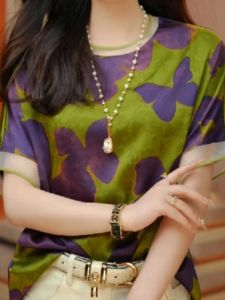 Elegant Floral Print Short Sleeve Chiffon Top Womens Summer New Style Slimming Base Layer Beautiful T-Shirt Retro Style round Neck