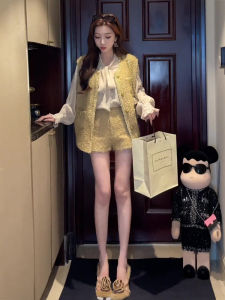 Spring Autumn 2025 Fashionable Ladys Knitted Tweed Vest High Waist Shorts Long Sleeve Shirt Elegant Set Womens Clothing