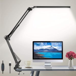 10W LED Desk Lamp with Clamp Swing Arm Eye-Caring Dimmable Desk Light 10 Brightness Levels 3 Modes USB Charging