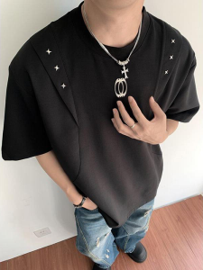 American Style Heavy Metal Deconstructed Shoulder Pad Short Sleeve Mens T-Shirt Summer Trendy High Street Loose Half Sleeve Body T-Shirt