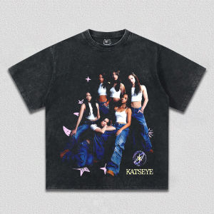 Acid Washed Oversized Y2k Street Korean Kpop KATSEYE Gril Group Printed T-shirt Women Short Sleeve High Quality Female Clothing