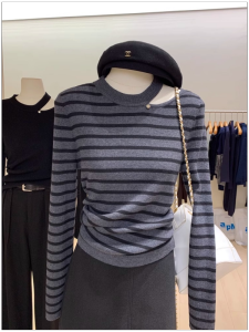 HUOLISI | Lazy Style Gray Stripe Knit Top