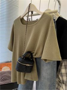 เสื้อยืดแขนสั้นหลวมๆ สไตล์เกาหลีสำหรับผู้หญิงไซส์ใหญ่ 300 ปอนด์ ทรงหลวมสบายๆ ในช่วงฤดูร้อน สีพื้น เสื้อเชิ้ตคอกลม