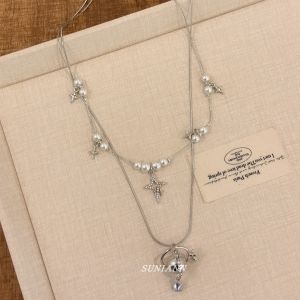 Double Layered Saturn Pendant Necklace Womens Ins Unique Fish Tail Pearl Clavicle Chain High-End Versatile Trendy Neck Chain
