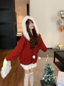 plus Size Christmas New Year Hat Sweater Soft Red Knitted Winter Outerwear Trendy Commute Style Long Sleeve Regular Length