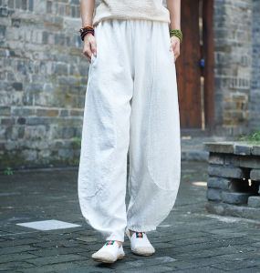 กางเกงโยคะทรงหลวม กางเกงขายาวผ้าฝ้ายลินิน สำหรับผู้หญิง ฤดูใบไม้ร่วง/ฤดูหนาว กางเกงขายาวทรงหลวมสำหรับออกกำลังกาย กางเกงโยคะสีกลางๆ