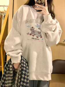 Pure Cotton American Hiphop Grey round Neck Sweatshirt Womens Loose Trendy Long Sleeve Design Sense Top Fashionable Streetwear