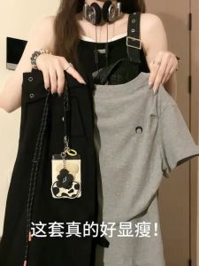 ฤดูร้อน แฟชั่น สตรีทสไตล์ ชุดสองชิ้น ผู้หญิง ซับเอว สีดำ ชุดทํางาน เสื้อท่อนบน และ กางเกง คอกลมแขนสั้นชุด