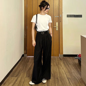 กางเกงสูทสีเทาเอวสูงหลวมๆ สำหรับผู้หญิง กางเกงขายาวทรงตรงไซส์ใหญ่ กางเกงขายาวทรงขากว้าง ผ้าฝ้ายผสมคอตตอน ฤดูใบไม้ร่วง