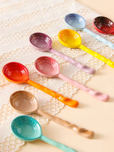 Nordic High Aesthetic Ceramic Soup Spoon Cute Porridge Spoon Long Handle Sugar Water Dessert Stirring Spoon Home Use