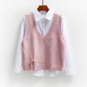 Loose Korean Style Womens Short Sleeveless V-Neck Knitted Vest Spring Autumn Outerwear Fleece Soft Color Solid Casual Top
