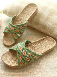 Japanese Style Pure Linen Household Womens Slippers Breathable Lightweight Indoor Non Slip Soft Bottom Household Deodorizing Filter Summer Sandals and Slippers