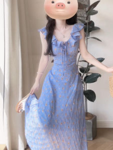 BeautyMark | French Blue Floral Print Strapless Dress Women Summer New Unique Beautiful Long A-Line Skirt Style High Waist No Sleeve V-Neck