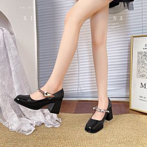 รองเท้าส้นสูง Mary Jane 2024 ฤดูใบไม้ผลิ ฤดูใบไม้ร่วง ส้นหนาหัวกลมใหม่ สีดำ ความสง่างามแบบฝรั่งเศส เดี่ยว สายคล้อง ผู้หญิง รองเท้า