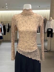 French High Collar Gradient Dyeing Mesh Top Womens Autumn Fashion Regular Fit Long Sleeve T-Shirt with Asymmetrical Hemline