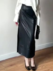 Black High Waist Straight PU Leather Skirt Womens Fashionable American Style Autumn New Design Sensation Skirts