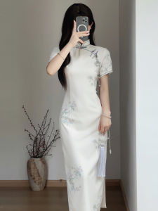 Elegant Young Girls Off-White Floral Cheongsam Dress Retro Style Long Slant Collar Short Sleeve Low Slit Daily Wear Chinese Style