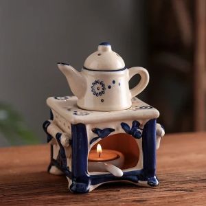 3 in 1 Vintage Reed Diffuser Essential Oil Incense Burner Ceramics Tea Warmer Set with Candle Holder Tray Home Decor Ornaments