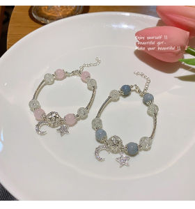 สร้อยข้อมือประดับพระจันทร์ดาวเกาหลีสต็อกพร้อมสวยงามสำหรับผู้หญิงสร้อยข้อมือลูกปัดปรับได้เครื่องประดับอินเทรนด์งานปาร์ตี้ของเด็กผู้หญิงดอกไม้คริสตัล