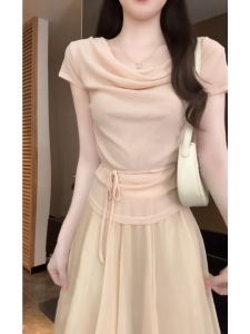 YUEZHONGWEI | Irregular Draped Neck Silk Knitted Slim Fit T-shirt Pink