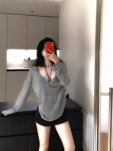 Lightweight Loose Womens Long Sleeve T-Shirt Gray Summer Lazy Style Sunshade Cover up Loose Sensation Spring Thin Top