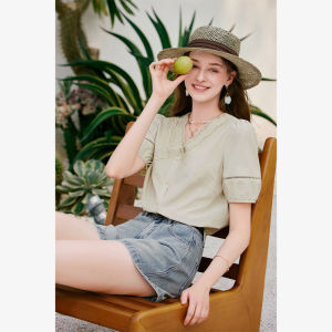 XIANGYING | Retro Lace French Style Summer New Short Sleeve V-Neck Commuter Shirt