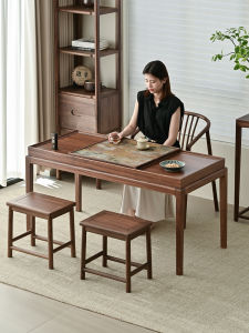 Modern Simple Black Walnut Wood Tea Table And Chair Combination Zen Style Tea Desk Long Rectangle Tea Room Brewing Storage