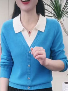 เสื้อสเวตเตอร์ถักคอปกปลอมแขนยาวหลวมๆ สำหรับผู้หญิง ฤดูใบไม้ผลิและฤดูใบไม้ร่วง เสื้อชั้นในสุดเก๋ไก๋ ทรงหลวม แขนยาว คอกลม