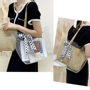 Rajut Pvc TW249 Transparan Anyam Tas Wanita Pita Polka Dot Scarf Shoulder Bag