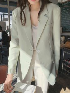 แจ็คเก็ตสูทลำลองสไตล์เกาหลีสำหรับผู้หญิง สีเขียวอ่อน แฟชั่น ทรงสลิม แจ็คเก็ตสูทขนาดเล็ก แจ็คเก็ตสูทผู้หญิง ฤดูใบไม้ผลิ 2025
