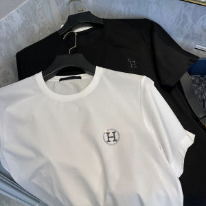 High Texture Mercerized Cotton Short-Sleeved T-shirt Male LETTER SMALL H Standard Pure Color Classy Minimalist European Goods Crew Neck Casual Bottoming Shirt