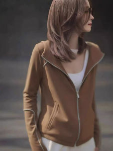Caramel Brown Hoodie Short Jacket Womens Style 2025 Autumn High Waist Sporty Slim Fit Casual Outerwear Korean Version