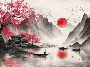 HUACAN 5d Diy Diamond Painting Mountain Landscape AB Fairy Dust Full Drill Mosaic Japanese Style Building Cherry Blossom