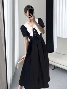 Summer New High Waist Short Dress Two Piece Set Bubble Sleeve Little Black Dress Commute Style Polyester Fiber a Line Skirt