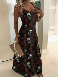 Printed Design Silver Skull Red Rose Black Spaghetti Strap Maxi Dress