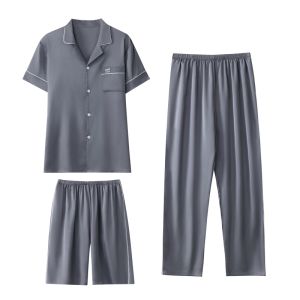 MiiOW | ชุดนอนผ้าไหมน้ำแข็งแขนสั้นสำหรับผู้ชาย ชุดนอนฤดูร้อน 3 ชิ้น ชุดอยู่บ้าน ใส่กลางแจ้ง สไตล์ใหม่ 2025 ผ้าฝ้ายโพลีเอสเตอร์