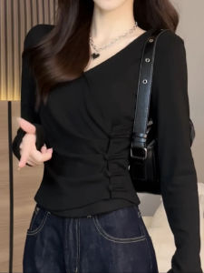 Korean Style Long Sleeve Knitted Short T-Shirt V-Neck Slim Fit Womens Fashion Autumn Design Sensation Trendy Base Layer Top