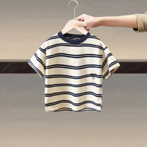 Boys Summer Stripe Half Sleeve T-Shirt Childrens Casual Wear Breathable Cotton Polyester Blend Base Shirt for Kids