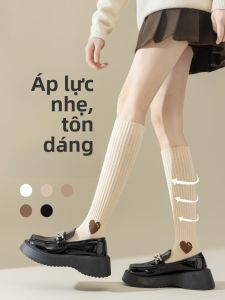 JINGCHI | Tất dài đến bắp chân cotton ép lực lượng cho nữ mùa thu đông màu nâu thiết kế dài đến đầu gối tất thoải mái