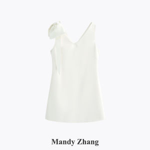 Elegant Petal Shoulder Sleeveless Short V-Neck Satin Dress