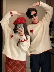 Couples Knitted Sweater Sweet Style Shoulder Shawl Cotton Blend Thick Warm Red Heart Shaped Design Autumn Winter Fashion Trend