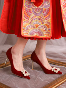 Elegant Pearl Buckle High Heels Chinese Style Wedding Dress Two-Way Red Evening Gown New Bride Fashionable Winter Shoes