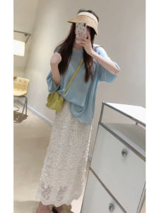 YUEZHONGWEI | Loose Fit Ice Silk Linen Round Neck Knitted Short Sleeve T-Shirt Women Summer Design Sense Half Sleeve Top Blue Summer T-Shirt