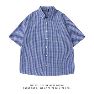 เสื้อเชิ้ตแขนสั้นลายสก็อตผ้าคอตตอนผสมปักลาย MOISHE TIDE สำหรับผู้ชายและผู้หญิงในช่วงฤดูร้อน สไตล์ลำลอง หลวมๆ