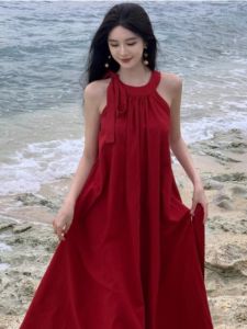 French Elegant Red Strapless Summer Beach Vacation Style Long Dress: Beautiful Atmosphere Sensation A-Line Gown without Sleeves