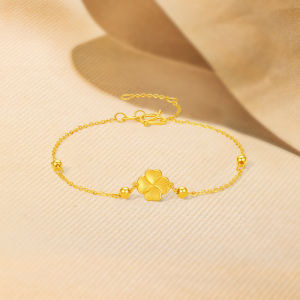 ZHOU LIU FU 周六福 24K Solid Gold Bracelets Lucky Four Leaf Clover Link Bracelet Real Gold Beads Jewelry Adjustable Thin Chain Bracelets for Women Birthday Anniversary 16+3CM A0714731